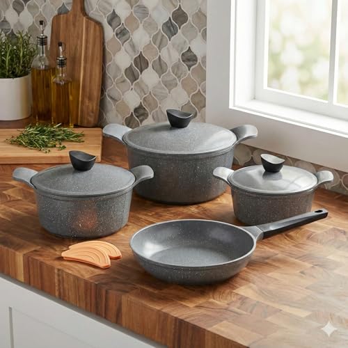 9-Piece Granite Cookware Set Saudi Made Safe Dishwasher PTFE/PFOA Free Marble Nonstick Coating Stock Pot Fry Pan Kitchen Tool Silicone Grip - Grey (Grey 9 Pieces)