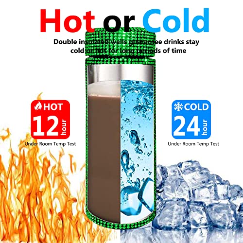 Bling Crytal 15Oz Insulated Water Bottle With Strainer,Stainless Steel Thermal Bottle,Leak-Proof Double Walled Vacuum Insulated ,Diamond Vacuum Flask For Woman To Travel, Picnic& Camping (Green) #TOP2