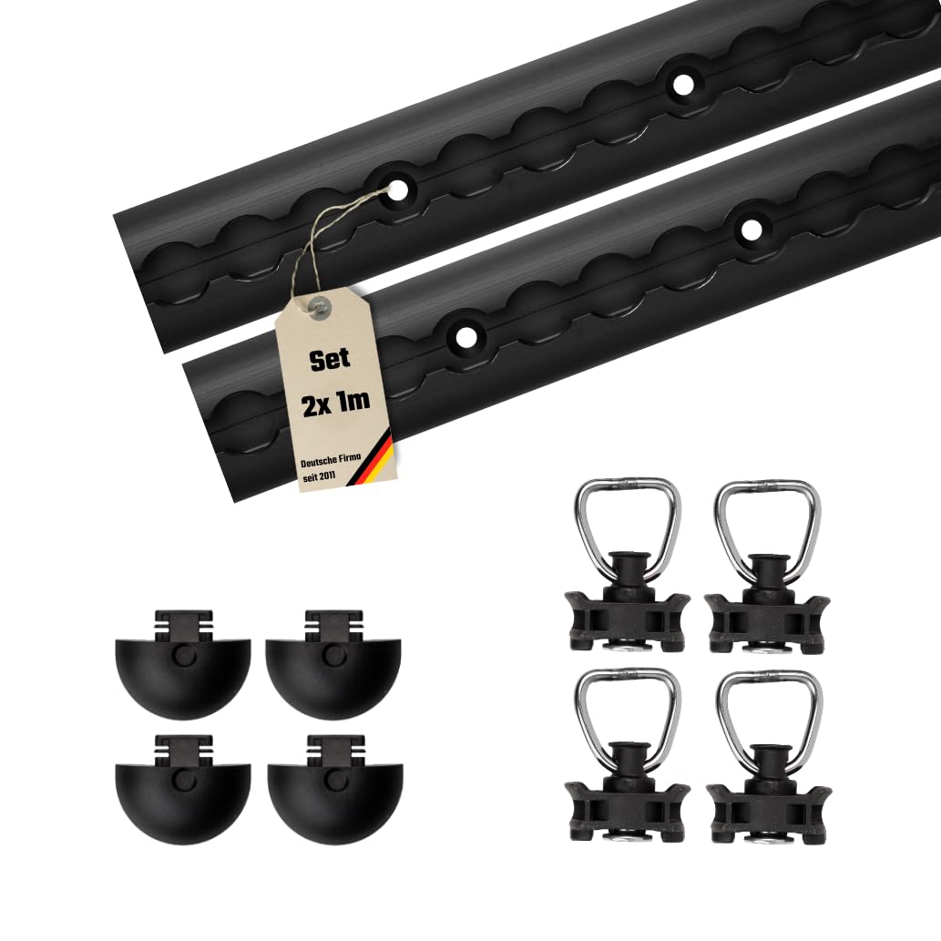 LOADCARE Airlineschienen Starter Set – 2 eloxierte Airlineschienen (1 m, halbrund, gebohrt alle 10 cm) inkl. 4 Endkappen, 4 Schwarze Fittinge (Schwarz eloxiert, Schwarz)