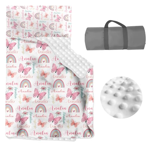 Personalized Toddler Nap Mat, Custom Name Sleeping Bag with Removable Pillow & Blanket, Roll Up Nap Mat for Boys Girls, Preschool Daycare Kindergarten,Rainbow Butterfly Theme
