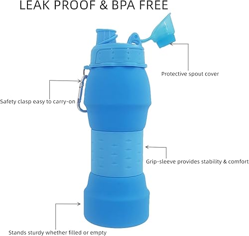 Miniatura 3 de Botella de agua plegable y ligera, de silicona de grado alimenticio, sin BPA, plegable, portátil, a prueba de fugas, para oficina, deportes, viajes,
