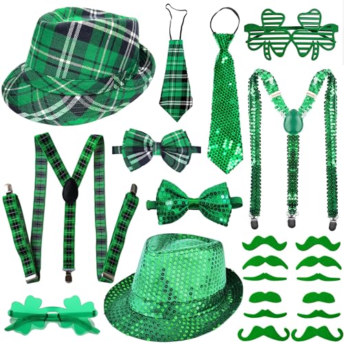 MEDOJO 22Pcs St. Patrick's Day Costume Accessories Set for Men Women St Pattys Decorations Party Leprechaun Costume with Hats, Suspenders, Ties, Sunglasses and Mustaches for Irish Party