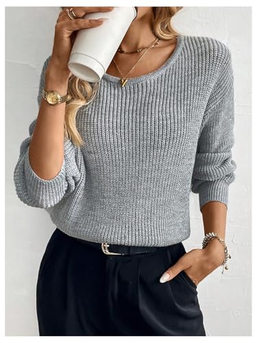 Image of BEAUDRM Women's Bow Tie Backless Sweaters Long Sleeve Crew Neck Drop Shoulder Cable Knit Sweater Women Grey Large