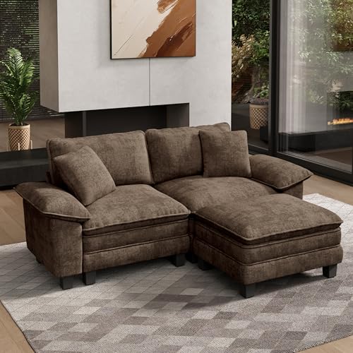 Image of HERA'S HOUSE 3-Seat L Shaped Modular Cloud Couch Sectional Sofa Ottoman | Modern 87.5 inch Couch, Grayish Brown, Wider Armrest, Comfy Deep Seat, Soft Chenille Sofa for Living Room