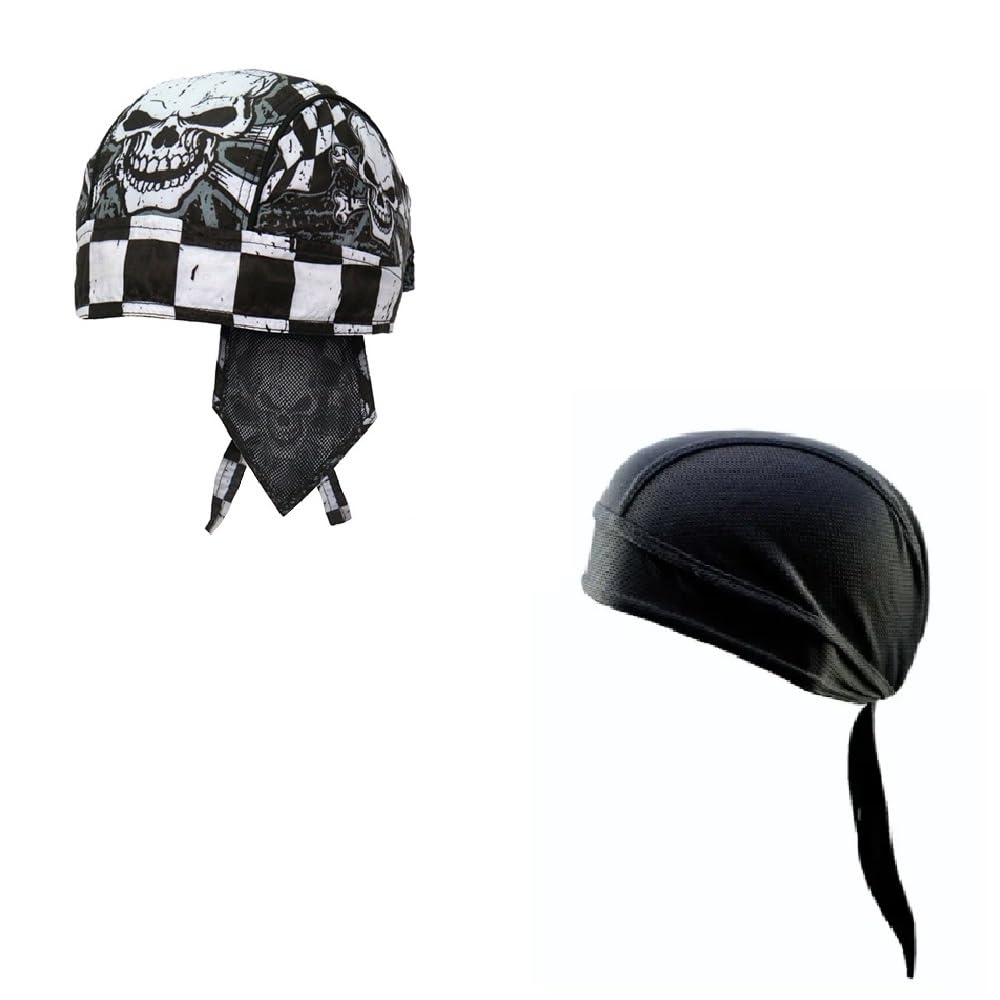 Generic Lot or Set of 2 Checkered Flag with Skull Crossbones and Solid Black Moisture Wicking Headwrap Durag
