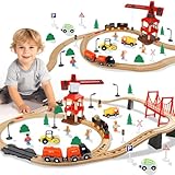 TOY Life Train Set 81pcs with Crane & Locomotive Train Toy, Wooden Train Tracks Toys for Toddlers Boys Girls 3 4 5, Wood Toys Gift Toddler Train for Kids 4-8 - Fits Thomas Brio Chuggington