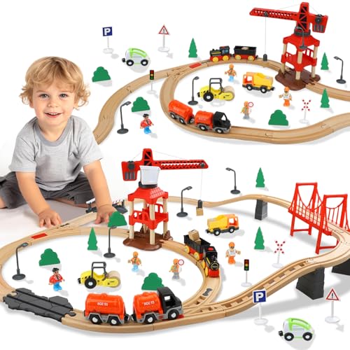 TOY Life Train Set 81pcs with Crane & Locomotive Train Toy, Wooden Train Tracks Toys for Toddlers Boys Girls 3 4 5, Wood Toys Gift Toddler Train for Kids 4-8 - Fits Thomas Brio Chuggington