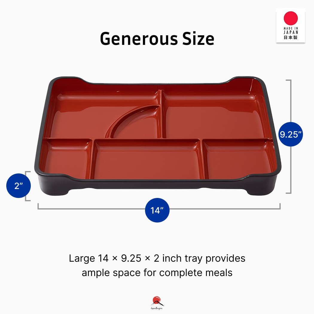 JapanBargain 1590, Lot de 2 boîtes à bento japonaises traditionnelles en plastique laqué 6 compartiments pour restaurant ou maison, couleur rouge et noir, 35,6 x 23,5 cm, fabriquées au Japon