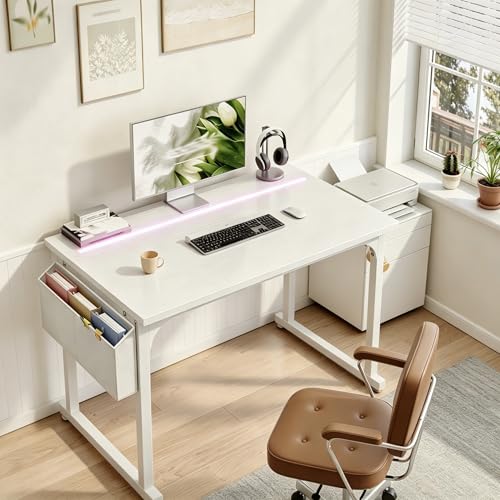 Image of DurayLoly 40 inch Computer Desk with Waterproof LED Lights,Bedroom Study Desk for Teens,Dorm Room Essentials,Headphone Hook&Storage Bag for Small Spaces,Sturdy Metal Frame,White