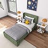 Max Lily Upholstered Twin Bed Frame with Rectangular Headboard Upholstered Platform Bed for Kids No Box Spring Needed Easy Assembly Green