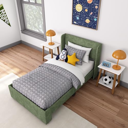 Max Lily Upholstered Twin Bed Frame with Rectangular Headboard Upholstered Platform Bed for Kids No Box Spring Needed Easy Assembly Green