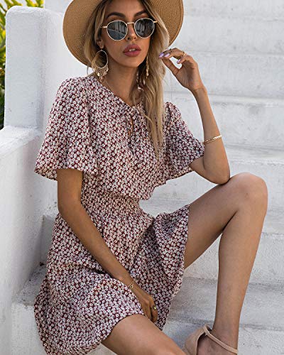 Prettygarden Women's Summer Boho Dress Casual Short Sleeve Tie V Neck Ruffle Floral Print Mini Skater Dresses (Pink,Medium) #TOP4