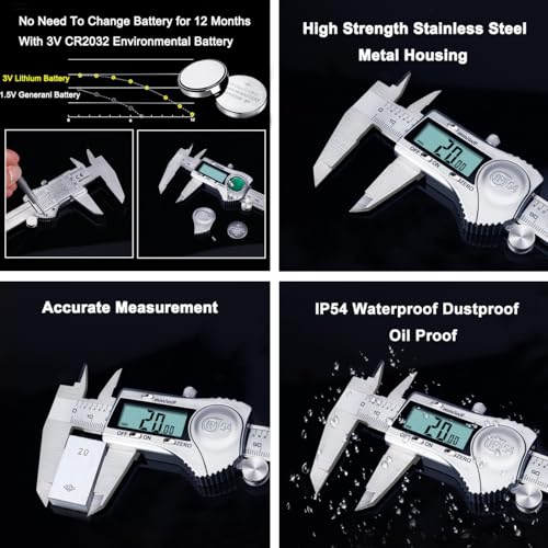 kynup digital caliper caliper measuring tool outside micrometer vernier dial caliper stainless steel ip54 splash proof protection inch metric fraction conversion large lcd screen 6inch150mm
