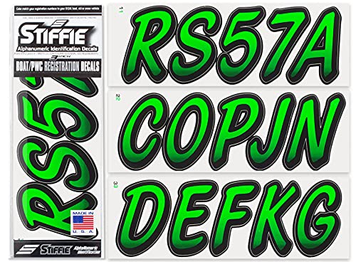 Image of STIFFIE Whipline Electric Green /Black 3 inch Boat & PWC Registration Decals • Numbers Letters Stickers
