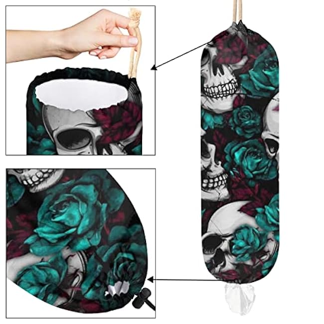 Skull Flower Gothic Style Plastic Bag Holder Cute Wall Mount Plastic Bag Organizer Reusable Large Grocery Bag Storage Dispenser for Home Kitchen Travelling 22x9