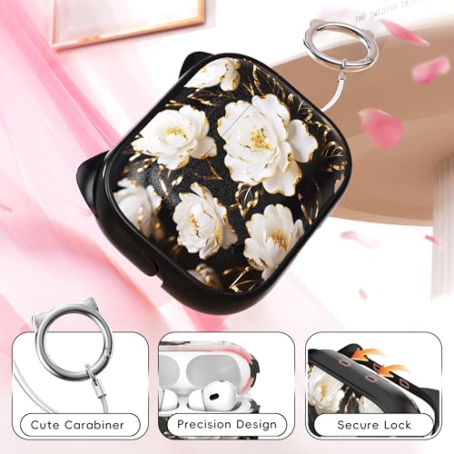 Image of for AirPods Pro 2 Case with Cleaning Kit, Cute Cat Ear Print Design & Cute Buckle for Girls, Phone Holder & Top Safe Lock Buckle Design for AirPods Pro 2nd /1st Gen case, Black Peony