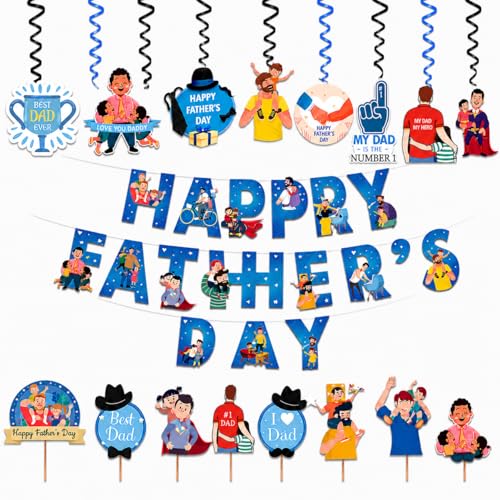 Image of Festiko Father's Day /Super Dad Birthday Party Decorations Items for Surprise (All in One Surprise KIT Banner,Swirls,Cake Toppers,Cup Cake Topper,Ribbons)- 16 Pcs