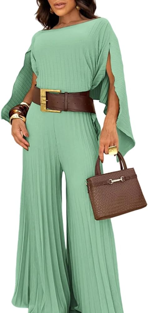 CHICME Women's 3 Piece Pleated Outfits One Shoulder Tops with High Waisted Wide Leg Pants Casual Vacation Outfit