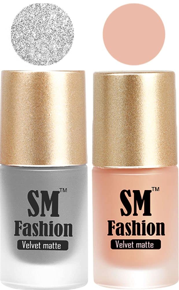 SM FASHION Nail Polishes, Silver-Peach Velvet Matte Nail Paint Combo Set of 2 Pcs 7ml each