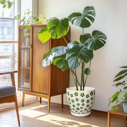 Pot de fleurs en céramique de 25,4 cm grand format avec drainage pour plante verte.