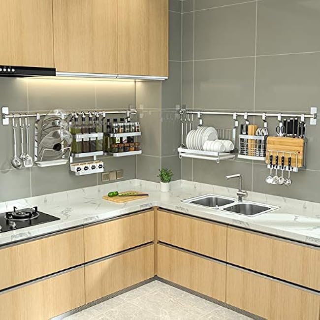 Wall-Mounted Kitchen Dish Drying Rack Multifunctional Storage Shelf, Cutlery Holder Over The Sink, Stainless Steel Dish Drainer Rack,60/80Cm Long Pole/B Combination (F Combination) ()