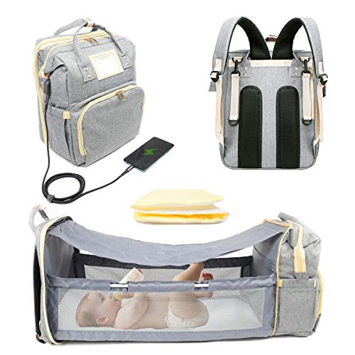 Diaper Bag Backpack with Changing Station and Stroller Straps, Travel Mommy Bag, Baby Travel Bed, Water Resistant Diaper Bag Backpack with USB Charging Port, Diaper Bag with Bassinet