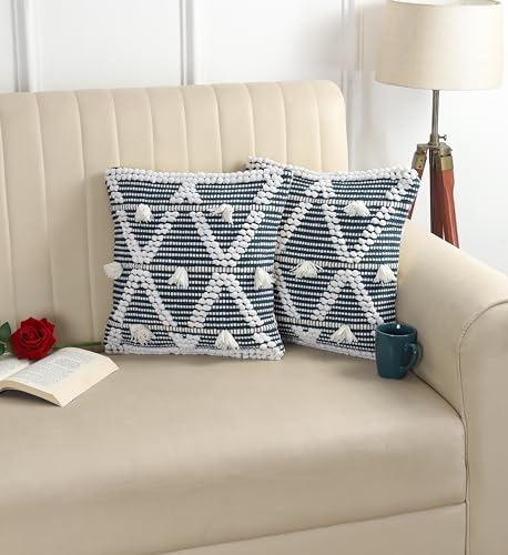 Image of TIB Premium Boho Decorative Throw Cushion Covers, 16 x 16 cm, Set of 2, Cotton. (White & Blue Cross)-230 TC