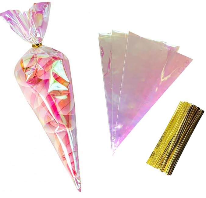 Elovara 50 Triangle Sweet Cones 17.5x30cm Bags Twist Ties Girl Party Filler