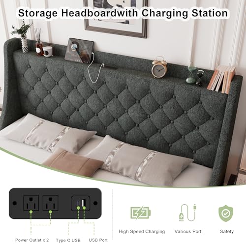Image of Feonase King Size Bed Frame with 4 Storage Drawers, Upholstered Storage Bed with Charging Station, Tufted Wingback Headboard, No Box Spring Needed, Dark Grey