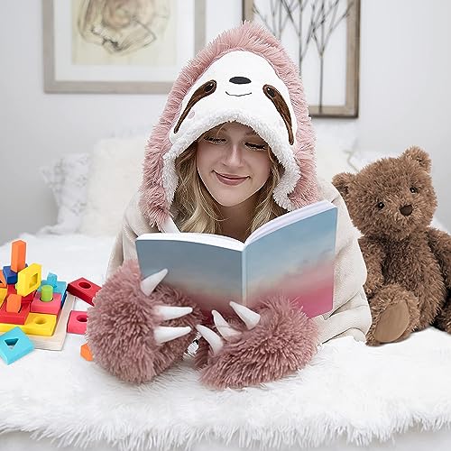 MeYuxg Faultier Kuscheldecke Rosa, Kuscheldecke Flauschig 166 x 118cm, Decke mit Ärmeln und Kapuze, Faultier Geschenke für Frauen, Faultier Tragbare Decke, Kuscheldecke Tier für Sofa, Büro