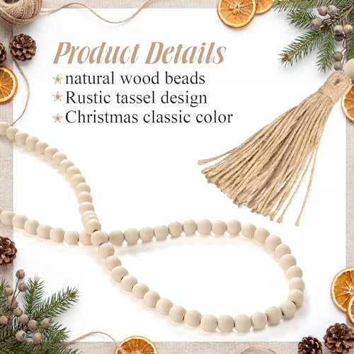Image of Equsion Wooden Bead Garland with Tassels, Extra Long Fireplace Wood Bead Garlands Rustic Farmhouse Vintage Boho Beads Garland for Party Home Decor Tiered Tray Decorative Beads(Natural Wood Color)
