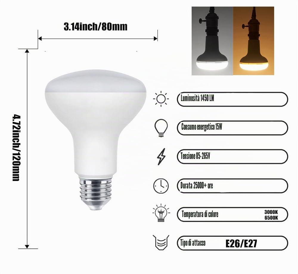 Leo's Light 4 Pezzi LED Lampadina Faretto R80 E27 15W Luce Calda 3000K,1450LM, 230 gradi di Luce, Equivalente a Alogena 120W, Lampade Riflettore LED (Bianco Calda-3000K, 15W-R80)