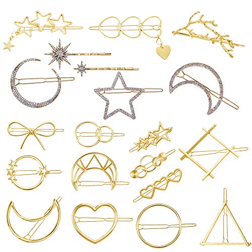 20 Pcs Minimalist Hair Clips Hair Barrettes for Women Hollow Geometric Hair Barrettes Rhinestone Moon Star Gold Metal Hair Clips Triangle Circle Bow Hair Pins