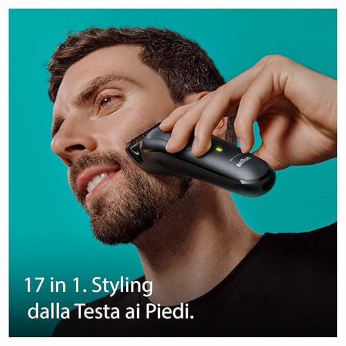 Braun Regolabarba Tagliacapelli Uomo, Rasoio Elettrico Barba e Capelli, 17-in-1 Styling Kit Per Barba, Capelli, Corpo, Naso e Orecchie, 100 Minuti Di Utilizzo, MGK7491 Nero - Immagine 2