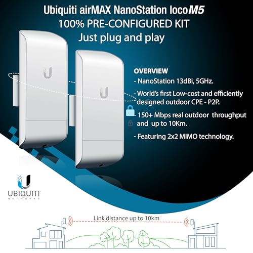 Image of Wireless Bridge Ubiquiti LOCOM5 PRE-CONFIGURED, Bundle of 2 Ubiquiti Nanostation LOCO M5, Point to Point Outdoor WiFi Bridge, Plugh and Play, 5GHz, 150+Mbps, 10+km Link Range, Network Bridge.