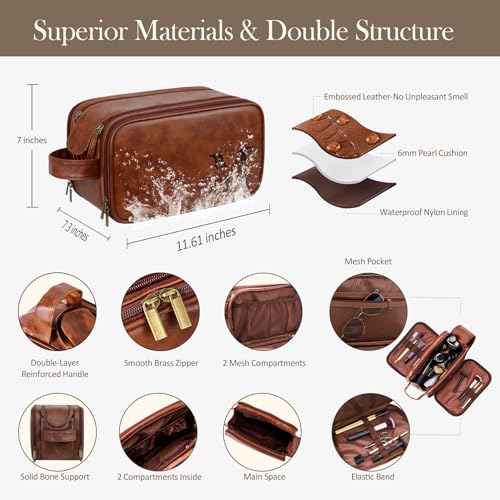 Personalized Leather Toiletry Bag for Men - Double Layer Reinforced Handle,Large Water Resistant Shaving Dopp Kit,Travel Essential,Wedding Groomsmen Gift4