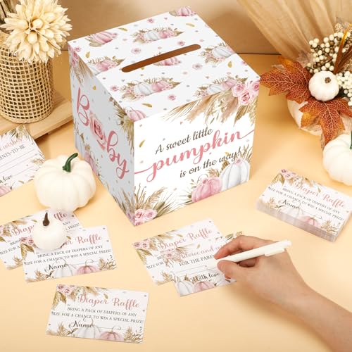 Image of Teling 51 Pcs Fall Pumpkin Diaper Raffle Ticket with Box Baby Shower Holder