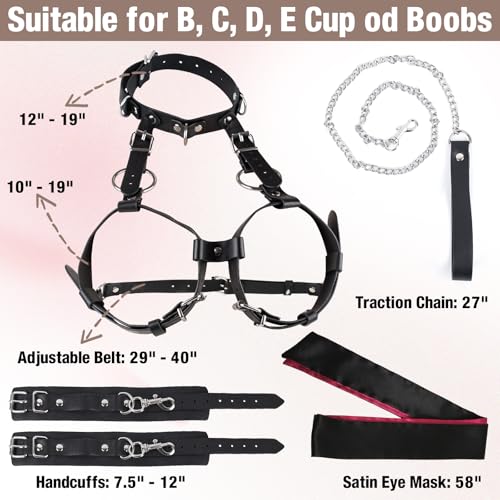 Image of BDSM Sex Bondage Breast Restraints Set, B to E Cup Boobs Harness Restraints Adjustable Collar Handcuffs with Traction Chain, Sex Straps Bondage Gear Accessories Sex Toys for Women Couples Kinky