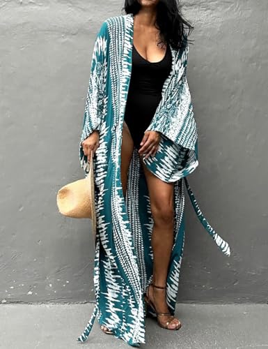 Image of Bsubseach Stylish Tie Dye Open Front Long Kimono Swimsuit Coverup for Women