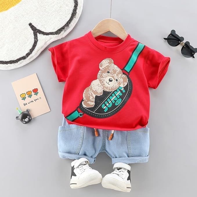 Image of Googo Gaaga Boy's Cotton Printed T-shirt with Denim Shorts Set in Red Color