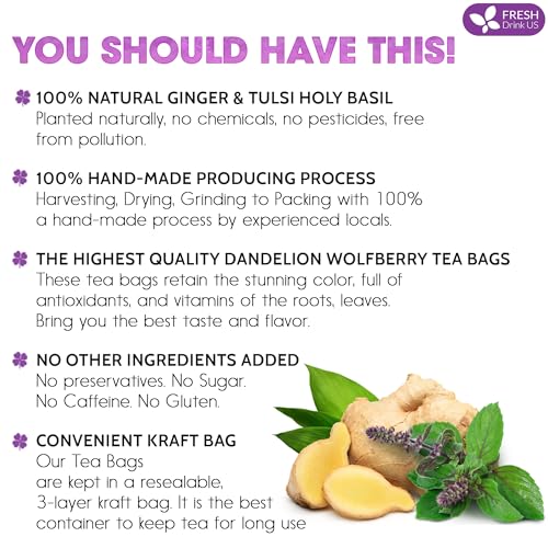 Image of FreshDrinkUS, Premium 75 Ginger Tulsi Tea Bags, 100% Natural, Hand-made Blend of Ginger and Tulsi Holy Basil Leaves, Eco-conscious Tea Bags. Herbal Tea. No Sugar, No Caffeine, Vegan.