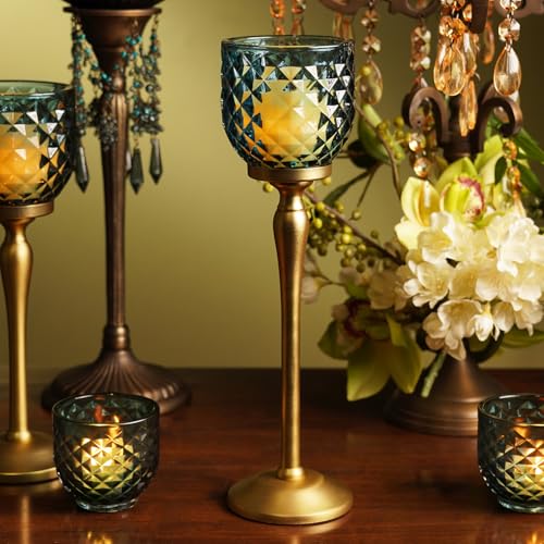 Image of Pure Home Teal Diamond Cut Hurricane - Large| Size: 9 x 9 x 24 cm| Premium Hurricanes for Home Decor| Living Room & Decor Showpiece| Ideal for Diwali & Festive Gifting| Pack of 1| Perfect for Living