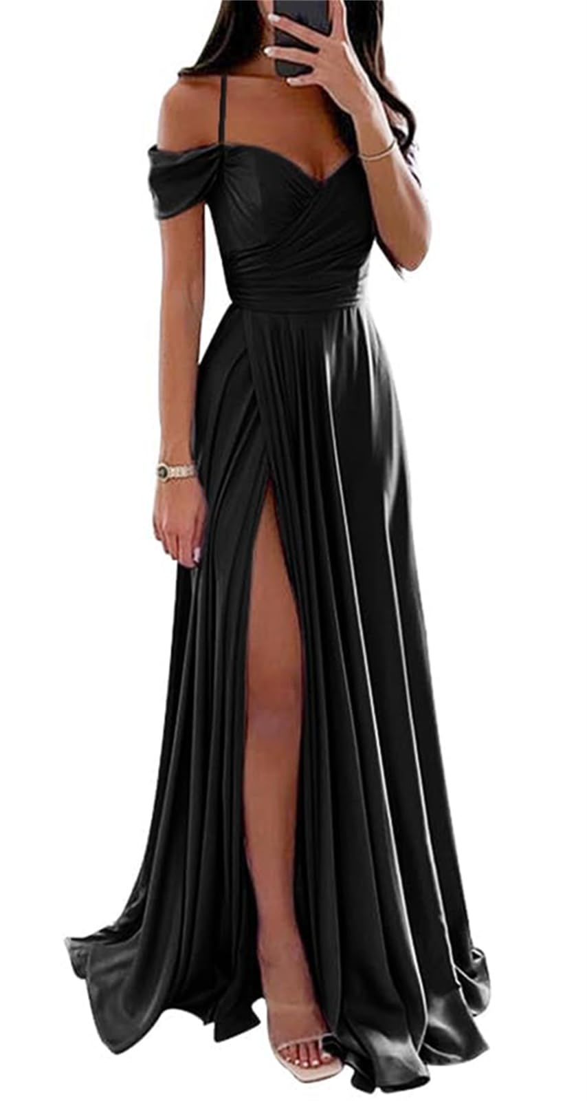 YIANN Black Prom Dresses 2024 with Slit for Teens A Line Pleated Satin Bridesmaid Dreses for Women with Slit UK8