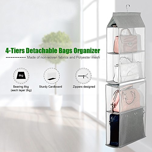 Decdeal 4-Tiers não tecido destacável Closet Bags Organizador Bolsas prateleira pendurada dobrável a