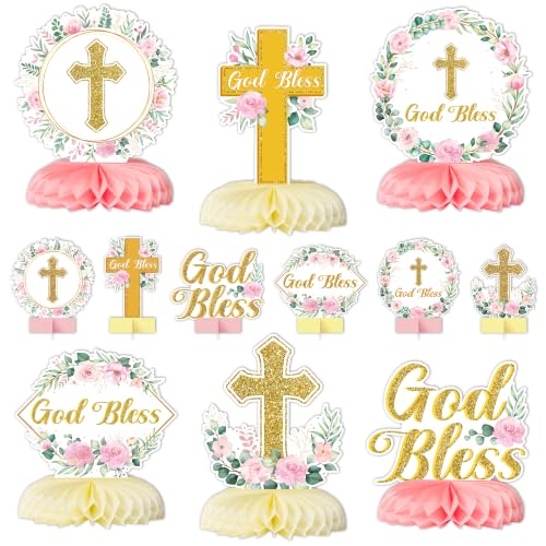 Image of ANGOLIO 12P Pink Floral God Bless Baptism Honeycomb Centerpiece Decorations | Glitter Gold Cross First Communion Party Supplies, Girl Baby Shower Table Decor, Religious Pastor Anniversary, Gender Reveal