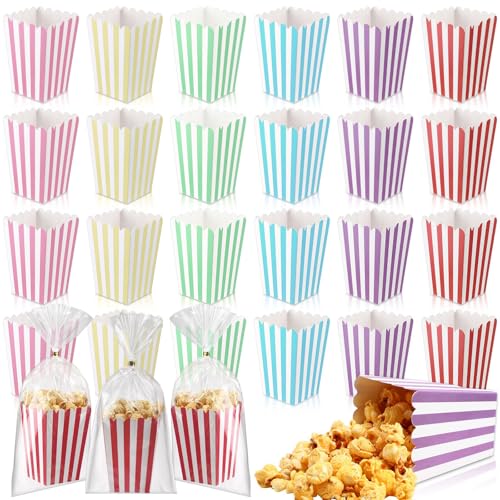 24 Sets Mini Popcorn Boxes & Clear Treat Bags Azonee Candy Favor Containers with Cellophane Bags & Gold Wire Striped Paper Buckets for Birthday & Christmas Party Supplies
