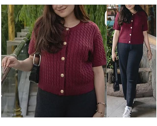 Short Sleeve Cardigans for Women Knitted Crop Cardigan Gold Button Up Cardigan Burgundy Work Sweaters Old Money3