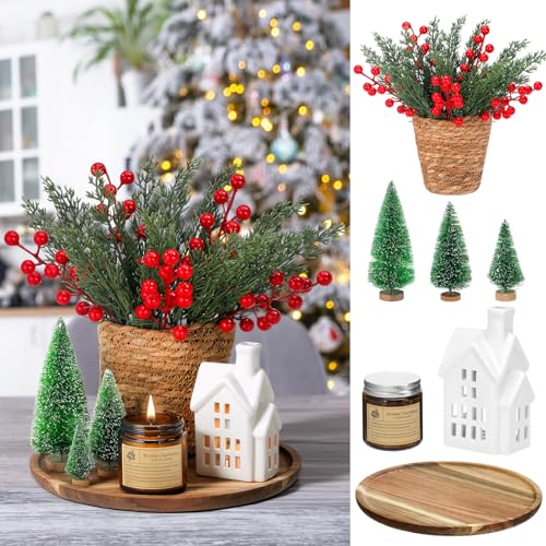 Pinkunn 25 Pcs Christmas Tray Decor Table Centerpieces with Round Wood Tray Scented Candles Ceramic Village House Mini Xmas Trees Pine Leaves Red Berries Rattan Flower Pot Xmas Decorative Set for Home
