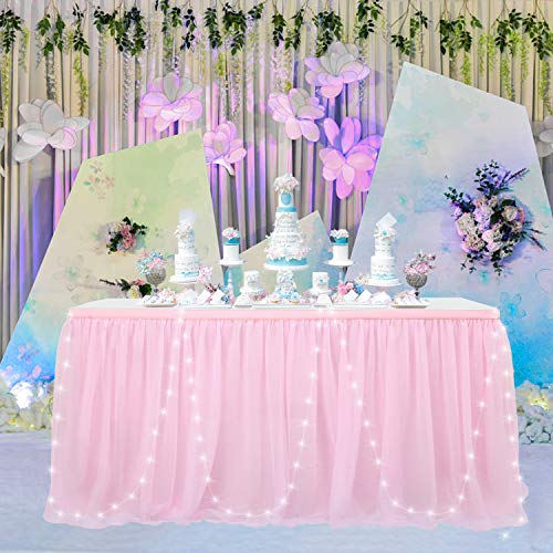 HBBMAGIC 3 Capas de Malla mullida Tabla de tutú Falda de vajilla de Tul para la Fiesta de Bodas de cumpleaños Decoración para el hogar con LED Verde, 183*76CM Cover