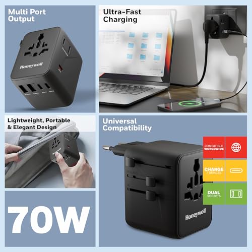 Image of Honeywell Universal Travel Adapter 70W, 7 in 1 Fast Charging, QC3.0 /PD, Universal & US Socket, 3 Type C, 2 USB A, Overload & overvoltage Protection, International Adapter for EU, US, UK & CN /AUS